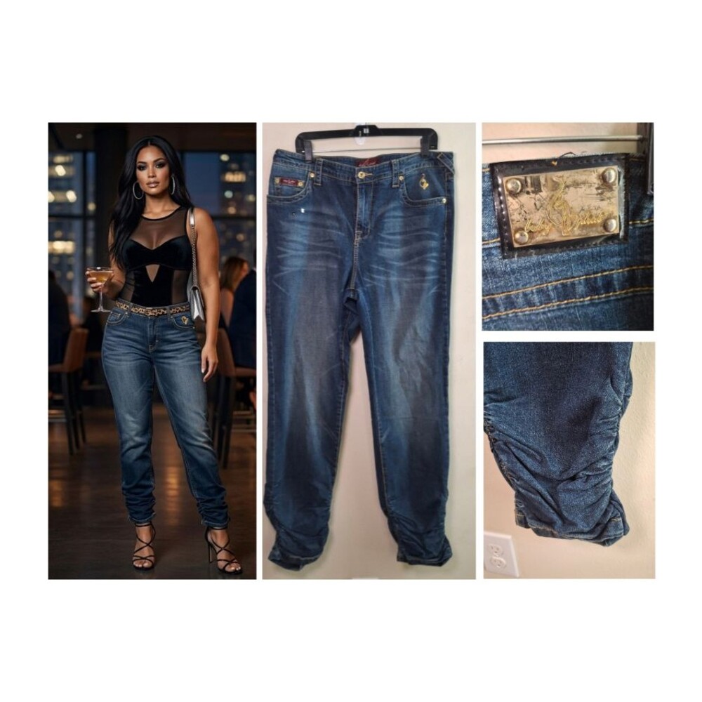 Baby Phat Ruched Ankle Denim Jean Y2k Blue 18 Gold Cat Plate Party Hip Hop